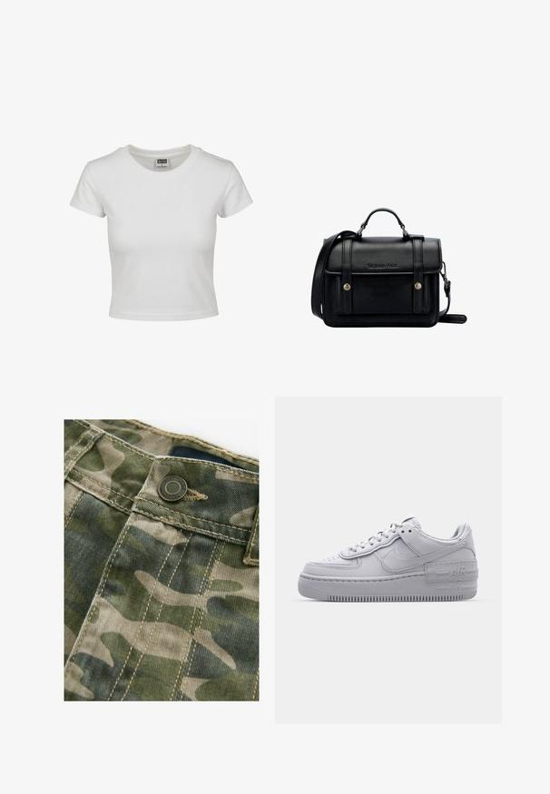 White cotton t-shirt with a classic crew neck, short sleeves, and a fitted shape. No patterns or accents visible.; Camo-patterned fabric with shades of green and beige, featuring visible stitching, a metal button, and a smooth texture.; Gray Nike Air Force 1 sneaker with perforated toe, smooth leather upper, thick sole, and embossed 'AIR' detail on the heel.; Black leather crossbody bag with a structured design, top handle, adjustable strap, front flap, and metal accents. Features branding on the front.
