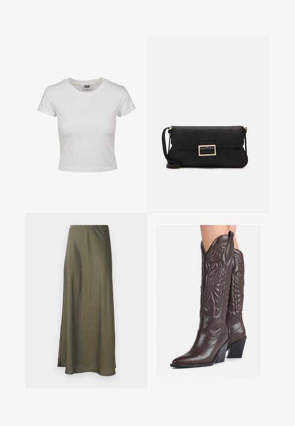 T-shirt en coton blanc avec un col rond classique, des manches courtes et une coupe ajustée. Aucun motif ni accent visible.; Jupe maxi vert olive en tissu lisse et fluide avec une fente sur le côté et une taille élastique pour le confort. Aucun motif ni détail en métal.; Bottes de cowboy en cuir marron avec un bout pointu et un talon bloc, présentant des coutures détaillées et des accents en relief sur la tige.; Pochette en cuir noir avec un rabat et un détail en boucle en métal doré. Inclut une sangle noire et un design épuré et minimaliste.