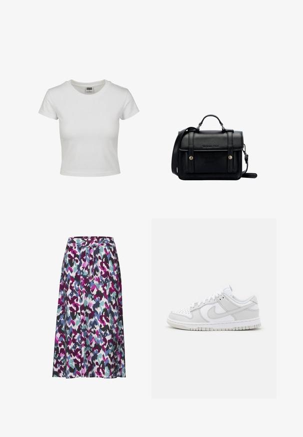 Witte katoenen t-shirt met een klassieke ronde hals, korte mouwen en een getailleerde vorm. Geen patronen of accenten zichtbaar.; Een rok tot de knie met een kleurrijk abstract patroon in paars, teal en zwart. Gemaakt van lichte, gestructureerde stof.; Witte leren sneakers met grijze accenten, geperforeerde teen, platte veters, gevoerde kraag en een gemanipuleerde rubberen zool.; Zwarte leren schoudertas met een gestructureerd ontwerp, handvat bovenaan, verstelbare schouderband, voorklep en metalen accenten. Voorzien van branding aan de voorkant.