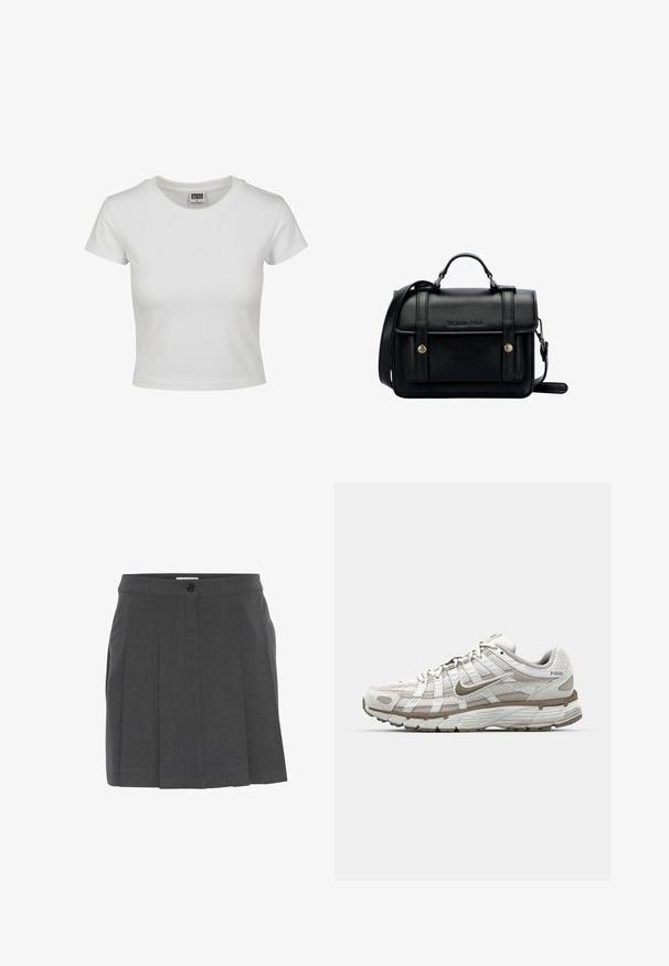 Hvid bomulds t-shirt med klassisk rund hals, korte ærmer og tætsiddende pasform. Ingen mønstre eller accenter synlige.; Grå plisseret nederdel med en taljeelastik, med en frontknaplukning. Fremstillet af tekstureret stof, designet til en skræddersyet pasform.; Hvid atletisk sko med mesh-overdel, lysebrune detaljer og en polstret sål. Har snørrelukning og tekst på siden.; Sort læder crossover taske med struktureret design, topgreb, justerbar rem, frontklap og metalaccenter. Har branding på fronten.