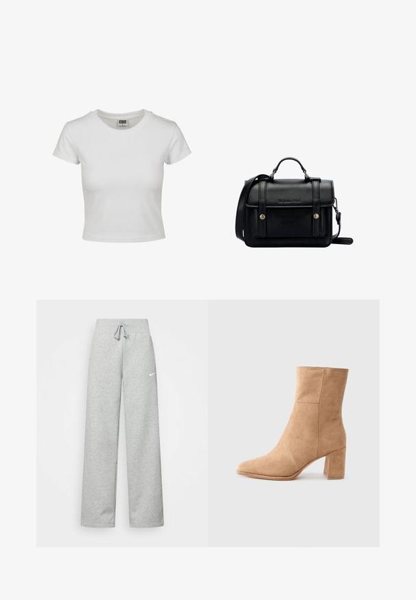 Bjela pamučna majica s klasičnim okruglim izrezom, kratkim rukavima i prilagođenim oblikom. Nema vidljivih uzoraka ili akcenta.; Sive trenirke s elastičnim pojasom, detaljem za vezanje, i malim bijelim Nike logom na lijevom bedru. Mekana tkanina, širokog kroja.; Bež antilop čizme do gležnja s oštrim vrhom, blok petom i glatkom teksturom. Sadrže minimalno šivanje za uredan dizajn.; Crna kožna torba preko tijela sa strukturiranim dizajnom, gornjom ručkom, podesivim remenom, prednjim poklopcem i metalnim detaljima. Sadrži brendiranje sprijeda.