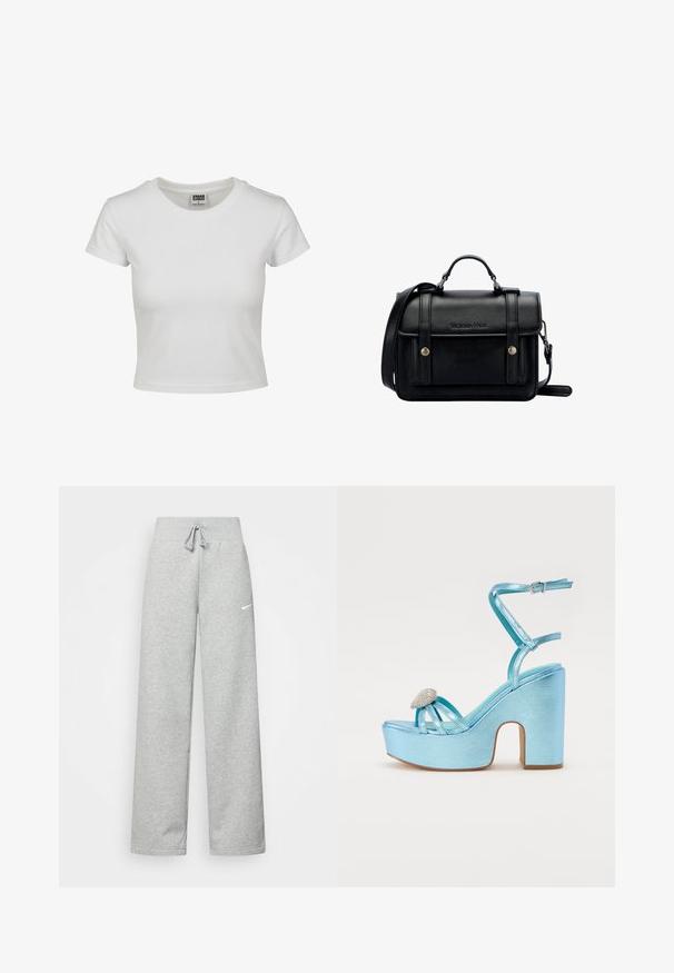 Valkoinen puuvillapaita, jossa on klassinen pyöreä kaula-aukko, lyhyet hihat ja kiinteä malli. Ei näkyviä kuvioita tai yksityiskohtia.; Harmaat verkkarit, joissa on elastinen vyötärö, nauhaverhoilu ja pieni valkoinen Nike-logo vasemmassa reidessä. Pehmeä kangas, löysä istuvuus.; Siniset metallinhohtoiset platform-sandaalit paksulla korolla, joissa on ristiin menevät remmit ja jalakarea koristava jalokivi.; Musta nahkainen olkalaukku, jossa on rakenteellinen muotoilu, ylhäältä kantohihna, säädettävä olkahihna, etulevy ja metallikoristeet. Edessä brändäys.