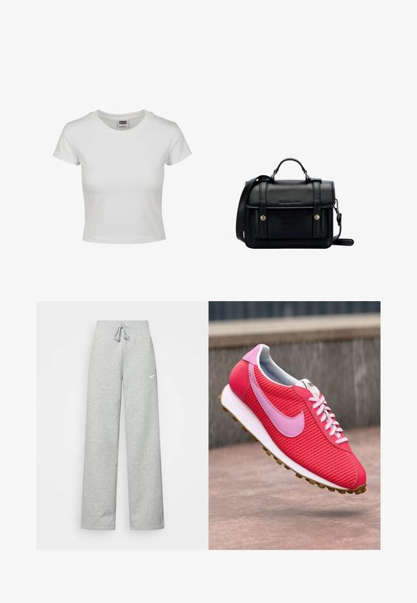 Bjela pamučna majica s klasičnim okruglim izrezom, kratkim rukavima i prilagođenim oblikom. Nema vidljivih uzoraka ili akcenta.; Sive trenirke s elastičnim pojasom, detaljem za vezanje, i malim bijelim Nike logom na lijevom bedru. Mekana tkanina, širokog kroja.; Svijetlo ružičaste i crvene pletene tenisice s svijetlo ružičastim logotipom i vezicama, bijelim đonom i smešnim slojem, lebde iznad betonske površine.; Crna kožna torba preko tijela sa strukturiranim dizajnom, gornjom ručkom, podesivim remenom, prednjim poklopcem i metalnim detaljima. Sadrži brendiranje sprijeda.