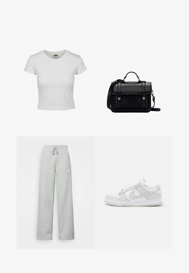 Bjela pamučna majica s klasičnim okruglim izrezom, kratkim rukavima i prilagođenim oblikom. Nema vidljivih uzoraka ili akcenta.; Sive trenirke s elastičnim pojasom, detaljem za vezanje, i malim bijelim Nike logom na lijevom bedru. Mekana tkanina, širokog kroja.; Bijele kožne tenisice s sivozlatnim naglascima, perforiranim prstom, ravnim vezicama, udobnim ovratnikom i teksturiranom gumena potplatom.; Crna kožna torba preko tijela sa strukturiranim dizajnom, gornjom ručkom, podesivim remenom, prednjim poklopcem i metalnim detaljima. Sadrži brendiranje sprijeda.