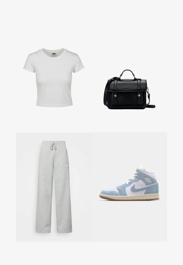 Biała bawełniana koszulka z klasycznym okrągłym dekoltem, krótkimi rękawami i dopasowanym krojem. Brak widocznych wzorów lub akcentów.; Szare dresy z elastycznym pasem, szczegóły ze sznurkiem i małym białym logo Nike na lewej udzie. Miękka tkanina, luźny krój.; Jordan AIR JORDAN 1 SE biały; Czarna skórzana torebka na ramię o wyraźnej strukturze, z górnym uchwytem, regulowanym paskiem, przednią klapą i metalowymi akcentami. Posiada logo na przodzie.