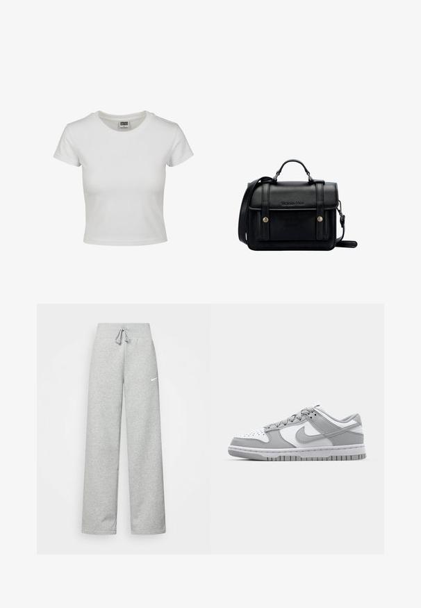Biała bawełniana koszulka z klasycznym okrągłym dekoltem, krótkimi rękawami i dopasowanym krojem. Brak widocznych wzorów lub akcentów.; Szare dresy z elastycznym pasem, szczegóły ze sznurkiem i małym białym logo Nike na lewej udzie. Miękka tkanina, luźny krój.; Szare i białe niskie sneakersy wykonane ze skóry i zamszu, z perforowanym noskiem i gumową podeszwą. Zawierają wyraźne logo w kształcie łyżwy.; Czarna skórzana torebka na ramię o wyraźnej strukturze, z górnym uchwytem, regulowanym paskiem, przednią klapą i metalowymi akcentami. Posiada logo na przodzie.