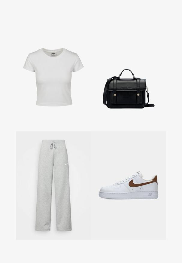 Bílý bavlněný tričko s klasickým kulatým výstřihem, krátkými rukávy a přiléhavým střihem. Žádné vzory ani akcenty nejsou viditelné.; Šedé tepláky s elastickým pasem, detaily se šňůrkou a malým bílým logem Nike na levém stehně. Měkká tkanina, volný střih.; Bílé tenisky Nike Air Force 1 s hnědým swooshem a patní částí, pohled z vnější strany na bílém pozadí.; Černá kožená kabelka přes rameno se strukturovaným designem, vrchní rukojetí, nastavitelným popruhem, přední klopou a kovovými akcenty. Na přední straně obsahuje logo.
