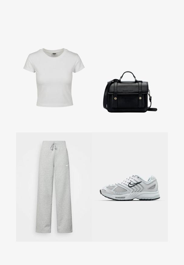 Weißes Baumwoll-T-Shirt mit klassischem Rundhalsausschnitt, kurzen Ärmeln und slim-fit Schnitt. Keine Muster oder Akzente sichtbar.; Graue Jogginghose mit elastischem Bund, Kordelzug und kleinem weißen Nike-Logo am linken Oberschenkel. Weicher Stoff, locker sitzend.; Weißer Sportschuh mit Netzpaneelen, strukturierten Overlays und einem schwarzen Nike-Swoosh. Verfügt über einen gepolsterten Schaft und eine Gummisohle für besseren Grip.; Schwarze Ledertasche mit strukturiertem Design, ausgestattet mit einem oberen Griff, einem verstellbaren Schultergurt und metallischen Knopfakzenten.