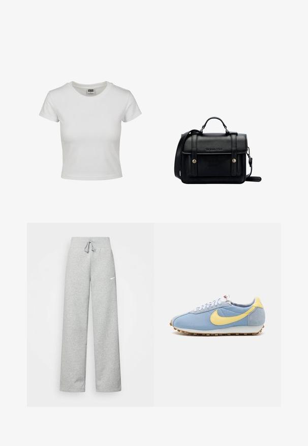 Bílý bavlněný tričko s klasickým kulatým výstřihem, krátkými rukávy a přiléhavým střihem. Žádné vzory ani akcenty nejsou viditelné.; Šedé tepláky s elastickým pasem, detaily se šňůrkou a malým bílým logem Nike na levém stehně. Měkká tkanina, volný střih.; Modré síťované a semišové tenisky se žlutým logem Nike, bílými tkaničkami a světle hnědou podešví; klasický atletický design.; Černá kožená kabelka přes rameno se strukturovaným designem, vrchní rukojetí, nastavitelným popruhem, přední klopou a kovovými akcenty. Na přední straně obsahuje logo.