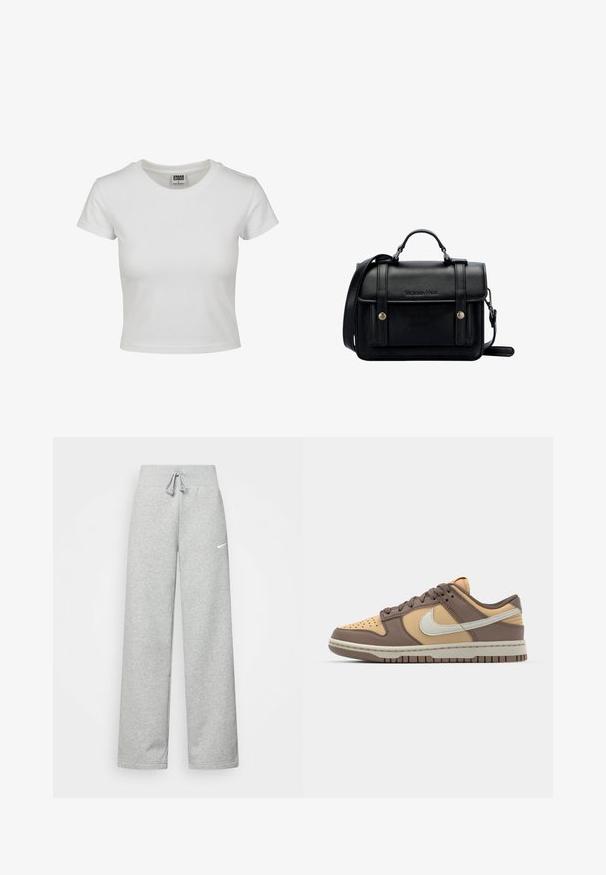Bílý bavlněný tričko s klasickým kulatým výstřihem, krátkými rukávy a přiléhavým střihem. Žádné vzory ani akcenty nejsou viditelné.; Šedé tepláky s elastickým pasem, detaily se šňůrkou a malým bílým logem Nike na levém stehně. Měkká tkanina, volný střih.; Tenisky Nike Dunk mají hnědou a béžovou koženou svrchní část, polstrovaný límec a bílé logo swoosh, s gumovou podrážkou a perforovanou špičkou.; Černá kožená kabelka přes rameno se strukturovaným designem, vrchní rukojetí, nastavitelným popruhem, přední klopou a kovovými akcenty. Na přední straně obsahuje logo.