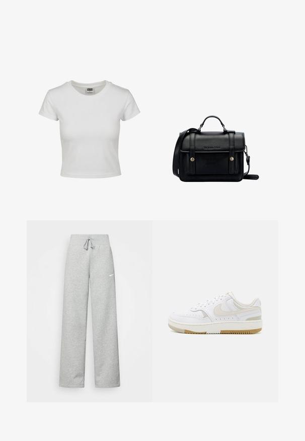 T-shirt en coton blanc avec un col rond classique, des manches courtes et une coupe ajustée. Aucun motif ni accent visible.; Pantalon de survêtement gris avec une taille élastique, un détail de cordon de serrage et un petit logo Nike blanc sur la cuisse gauche. Tissu doux, coupe ample.; Baskets blanches avec une tige en cuir lisse, accents beige clair, détails perforés et semelle en caoutchouc marron. Design minimaliste.; Sacoche en cuir noir avec un design structuré, une poignée supérieure, une sangle réglable, un rabat avant et des accents en métal. Présente un logo à l'avant.