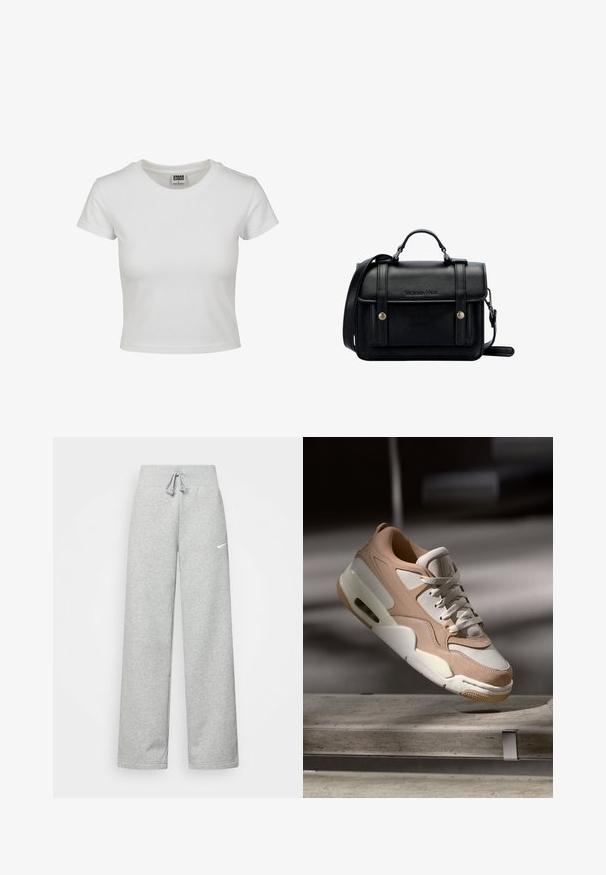 Bjela pamučna majica s klasičnim okruglim izrezom, kratkim rukavima i prilagođenim oblikom. Nema vidljivih uzoraka ili akcenta.; Sive trenirke s elastičnim pojasom, detaljem za vezanje, i malim bijelim Nike logom na lijevom bedru. Mekana tkanina, širokog kroja.; Bež i bijele tenisice s glatkom kožom i nubukom, s podstavljenim jezikom, vezanjem sprijeda i vidljivom zračnom jedinicom.; Crna kožna torba preko tijela sa strukturiranim dizajnom, gornjom ručkom, podesivim remenom, prednjim poklopcem i metalnim detaljima. Sadrži brendiranje sprijeda.