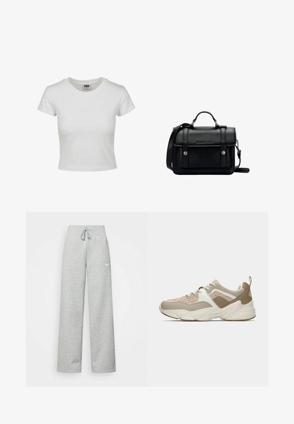 Biała bawełniana koszulka z klasycznym okrągłym dekoltem, krótkimi rękawami i dopasowanym krojem. Brak widocznych wzorów lub akcentów.; Szare dresy z elastycznym pasem, szczegóły ze sznurkiem i małym białym logo Nike na lewej udzie. Miękka tkanina, luźny krój.; Lekkie sneakersy z beżową siateczką, białymi akcentami i teksturowanymi brązowymi detalami. Masywna gumowa podeszwa z unikalnym wzorem falistym.; Czarna skórzana torebka na ramię o wyraźnej strukturze, z górnym uchwytem, regulowanym paskiem, przednią klapą i metalowymi akcentami. Posiada logo na przodzie.