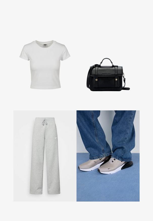 Bjela pamučna majica s klasičnim okruglim izrezom, kratkim rukavima i prilagođenim oblikom. Nema vidljivih uzoraka ili akcenta.; Sive trenirke s elastičnim pojasom, detaljem za vezanje, i malim bijelim Nike logom na lijevom bedru. Mekana tkanina, širokog kroja.; Sive tenisice s mrežastim gornjim dijelom, crnim detaljima i bijelim đonom. Nosi se uz široke plave traperice koje djelomično prekrivaju rubove cipela.; Crna kožna torba preko tijela sa strukturiranim dizajnom, gornjom ručkom, podesivim remenom, prednjim poklopcem i metalnim detaljima. Sadrži brendiranje sprijeda.