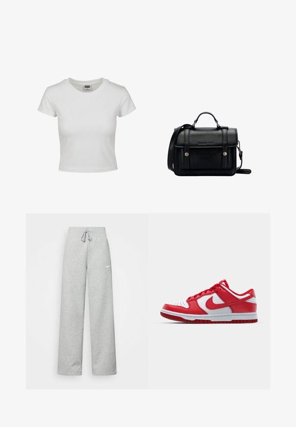 T-shirt bianca in cotone con collo rotondo classico, maniche corte e forma aderente. Nessun motivo o dettaglio visibile.; Pantaloni tuta grigi con vita elastica, dettaglio con cordino e piccolo logo Nike bianco sulla coscia sinistra. Tessuto morbido, vestibilità ampia.; Sneaker Nike rosso e bianco con tomaia in pelle, punta traforata, lacci piatti e suola in gomma con battistrada decorato.; Borsa a tracolla in pelle nera con design strutturato, manico superiore, tracolla regolabile, patta anteriore e accessori in metallo. Presenta il marchio sulla parte frontale.