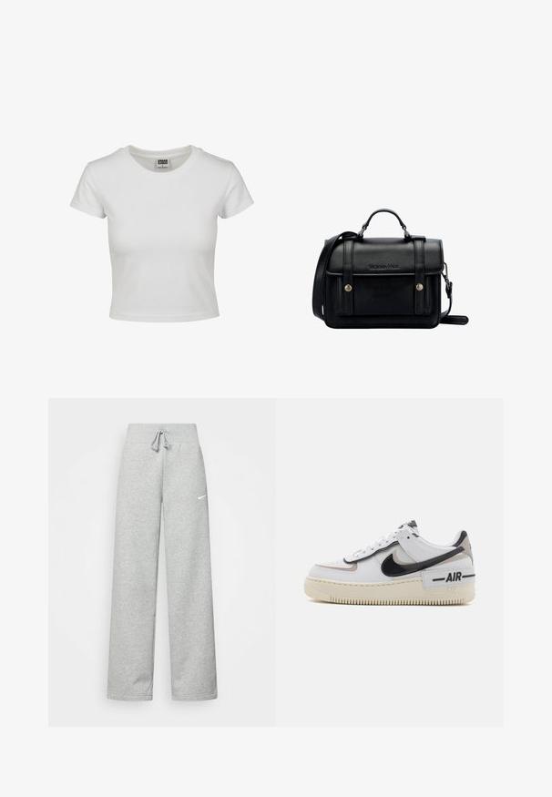 Bjela pamučna majica s klasičnim okruglim izrezom, kratkim rukavima i prilagođenim oblikom. Nema vidljivih uzoraka ili akcenta.; Sive trenirke s elastičnim pojasom, detaljem za vezanje, i malim bijelim Nike logom na lijevom bedru. Mekana tkanina, širokog kroja.; Bijela tenisica s crnim i bež akcentima, koja ima glatki kožni gornji dio, zaobljen vrh, vezanje na vezice i teksturiran gumeni potplat.; Crna kožna torba preko tijela sa strukturiranim dizajnom, gornjom ručkom, podesivim remenom, prednjim poklopcem i metalnim detaljima. Sadrži brendiranje sprijeda.