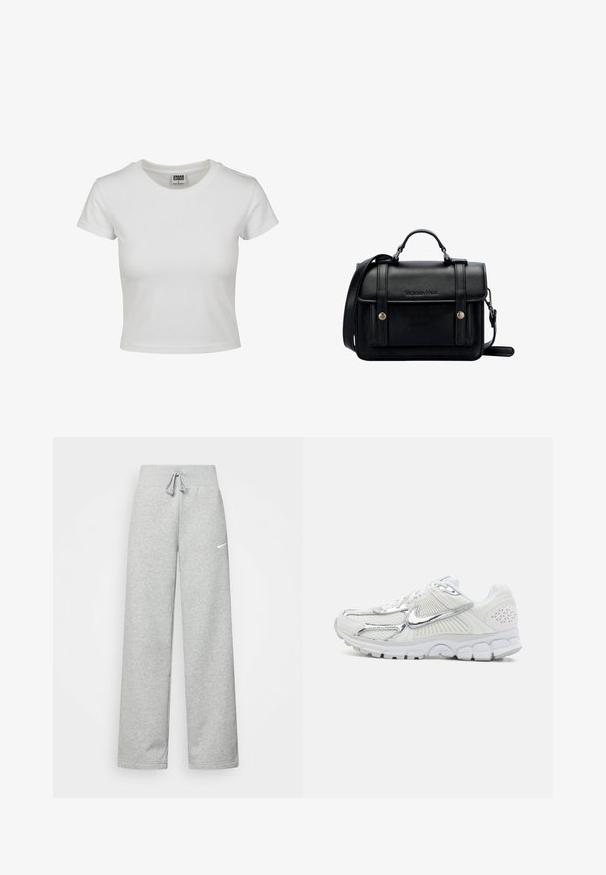 Valkoinen puuvillapaita, jossa on klassinen pyöreä kaula-aukko, lyhyet hihat ja kiinteä malli. Ei näkyviä kuvioita tai yksityiskohtia.; Harmaat verkkarit, joissa on elastinen vyötärö, nauhaverhoilu ja pieni valkoinen Nike-logo vasemmassa reidessä. Pehmeä kangas, löysä istuvuus.; Valkoiset urheilujalkineet hopeisilla yksityiskohdilla, verkkokangasta yläosassa, tekstuuripintaiset sivut, pehmeä pohja ja erottuva kuvio takana.; Musta nahkainen olkalaukku, jossa on rakenteellinen muotoilu, ylhäältä kantohihna, säädettävä olkahihna, etulevy ja metallikoristeet. Edessä brändäys.