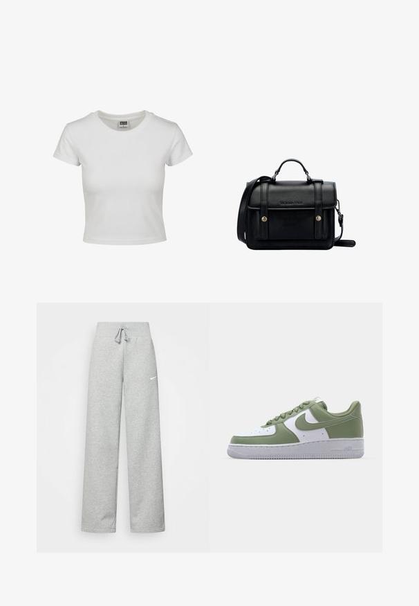 Bílý bavlněný tričko s klasickým kulatým výstřihem, krátkými rukávy a přiléhavým střihem. Žádné vzory ani akcenty nejsou viditelné.; Šedé tepláky s elastickým pasem, detaily se šňůrkou a malým bílým logem Nike na levém stehně. Měkká tkanina, volný střih.; Nike Air Force 1 tenisky v zelené a bílé kůži. Nízký design, kulatá špička, texturovaná gumová podrážka a výrazný detail loga swoosh.; Černá kožená kabelka přes rameno se strukturovaným designem, vrchní rukojetí, nastavitelným popruhem, přední klopou a kovovými akcenty. Na přední straně obsahuje logo.
