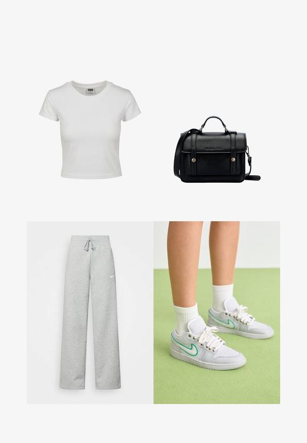 Vit bomullströja med klassisk rund hals, korta ärmar och en åtsittande passform. Inga mönster eller detaljer synliga.; Grå sweatpants med resårmidja, snörningsdetalj och en liten vit Nike-logotyp på vänster lår. Mjukt tyg, lös passform.; Vita sneakers med gröna detaljer, ovandel i tyg, vadderat krage och vita snören; bärs tillsammans med ribbade vita strumpor mot en grön bakgrund.; Svart läder tvärs över kroppen väska med en strukturerad design, handtag i toppen, justerbar rem, framflik och metallaccenter. Har varumärke på framsidan.