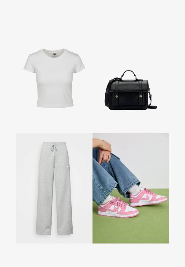 Bílý bavlněný tričko s klasickým kulatým výstřihem, krátkými rukávy a přiléhavým střihem. Žádné vzory ani akcenty nejsou viditelné.; Šedé tepláky s elastickým pasem, detaily se šňůrkou a malým bílým logem Nike na levém stehně. Měkká tkanina, volný střih.; Růžové a bílé tenisky Nike vyrobené z kůže a síťoviny, s kontrastními designy, kulatou špičkou a odpovídajícími růžovými tkaničkami a akcenty.; Černá kožená kabelka přes rameno se strukturovaným designem, vrchní rukojetí, nastavitelným popruhem, přední klopou a kovovými akcenty. Na přední straně obsahuje logo.