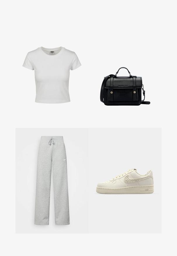 Vit bomullströja med klassisk rund hals, korta ärmar och en åtsittande passform. Inga mönster eller detaljer synliga.; Grå sweatpants med resårmidja, snörningsdetalj och en liten vit Nike-logotyp på vänster lår. Mjukt tyg, lös passform.; Nike Air Force 1-sneakers i off-white canvas, med en texturerad swoosh, rund tå, platta skosnören och en mönstrad gummisula.; Svart läder tvärs över kroppen väska med en strukturerad design, handtag i toppen, justerbar rem, framflik och metallaccenter. Har varumärke på framsidan.
