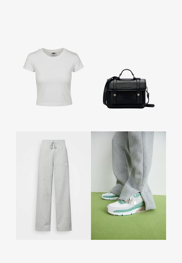Bílý bavlněný tričko s klasickým kulatým výstřihem, krátkými rukávy a přiléhavým střihem. Žádné vzory ani akcenty nejsou viditelné.; Šedé tepláky s elastickým pasem, detaily se šňůrkou a malým bílým logem Nike na levém stehně. Měkká tkanina, volný střih.; Tenisky Nike Air Max v bílé barvě s mátovými akcenty, s texturovaným svrškem, šedými tkaničkami a viditelnou vzduchovou jednotkou. Nenošeny se šedými tepláky.; Černá kožená kabelka přes rameno se strukturovaným designem, vrchní rukojetí, nastavitelným popruhem, přední klopou a kovovými akcenty. Na přední straně obsahuje logo.