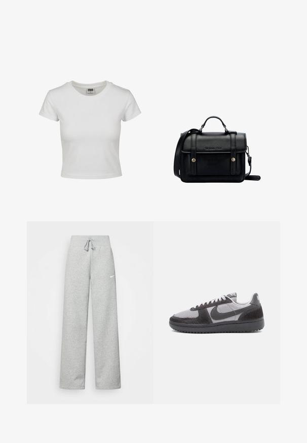 Bílý bavlněný tričko s klasickým kulatým výstřihem, krátkými rukávy a přiléhavým střihem. Žádné vzory ani akcenty nejsou viditelné.; Šedé tepláky s elastickým pasem, detaily se šňůrkou a malým bílým logem Nike na levém stehně. Měkká tkanina, volný střih.; Nízké tenisky s šedou síťovinou, černými texturovanými překlady, černou podrážkou, bílými tkaničkami a černým logem Nike na boku.; Černá kožená kabelka přes rameno se strukturovaným designem, vrchní rukojetí, nastavitelným popruhem, přední klopou a kovovými akcenty. Na přední straně obsahuje logo.