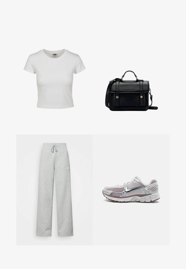 T-shirt bianca in cotone con collo rotondo classico, maniche corte e forma aderente. Nessun motivo o dettaglio visibile.; Pantaloni tuta grigi con vita elastica, dettaglio con cordino e piccolo logo Nike bianco sulla coscia sinistra. Tessuto morbido, vestibilità ampia.; Scarpa sportiva Nike con tomaia in rete bianca e dettagli in argento, particolari rosa e una suola spessa, imbottita e con texture.; Borsa a tracolla in pelle nera con design strutturato, manico superiore, tracolla regolabile, patta anteriore e accessori in metallo. Presenta il marchio sulla parte frontale.