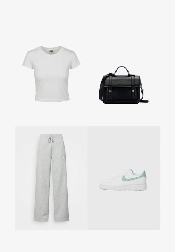 Bílý bavlněný tričko s klasickým kulatým výstřihem, krátkými rukávy a přiléhavým střihem. Žádné vzory ani akcenty nejsou viditelné.; Šedé tepláky s elastickým pasem, detaily se šňůrkou a malým bílým logem Nike na levém stehně. Měkká tkanina, volný střih.; Bílé kožené tenisky s mátově zeleným logem Nike a patní částí, texturovanou podrážkou a klasickým tkaničkovým designem.; Černá kožená kabelka přes rameno se strukturovaným designem, vrchní rukojetí, nastavitelným popruhem, přední klopou a kovovými akcenty. Na přední straně obsahuje logo.