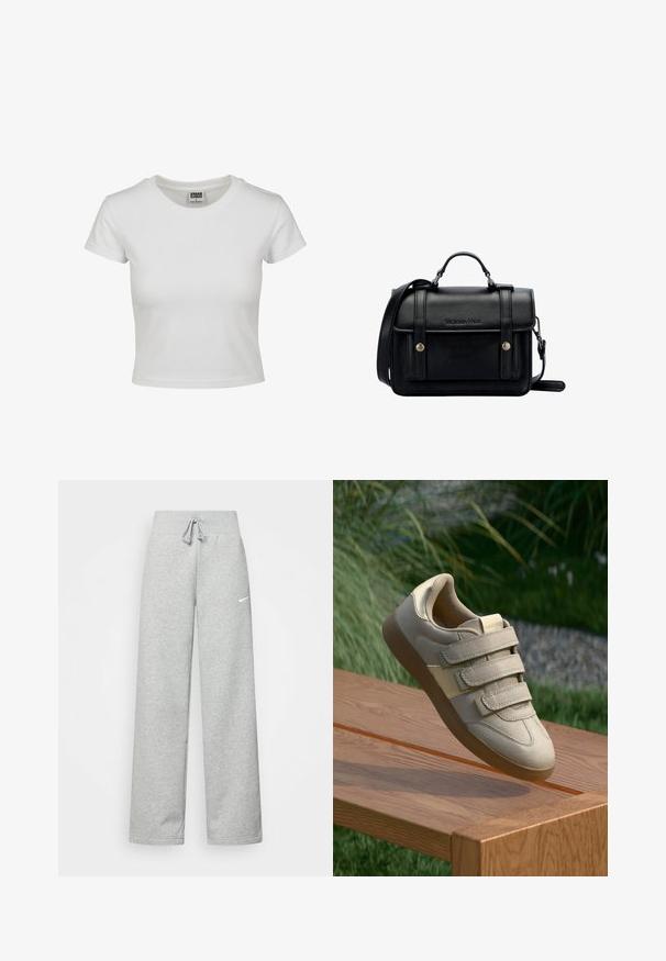 White cotton t-shirt with a classic crew neck, short sleeves, and a fitted shape. No patterns or accents visible.; Gray sweatpants with an elastic waistband, drawstring detail, and a small white Nike logo on the left thigh. Soft fabric, loose fitting.; Beige sneakers with three Velcro straps, smooth faux suede material, rounded toe, and a gum sole, displayed on a wooden surface.; Black leather crossbody bag with a structured design, top handle, adjustable strap, front flap, and metal accents. Features branding on the front.