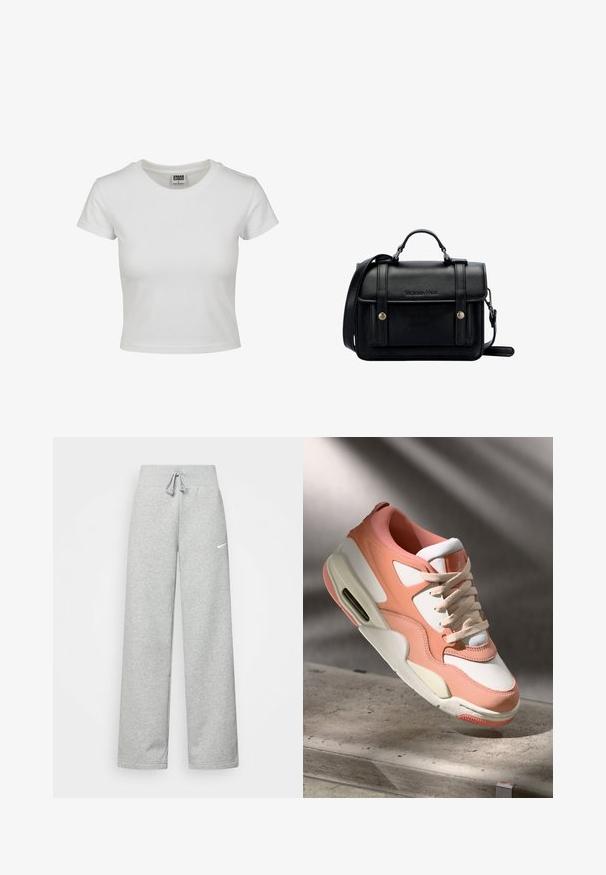 Bílý bavlněný tričko s klasickým kulatým výstřihem, krátkými rukávy a přiléhavým střihem. Žádné vzory ani akcenty nejsou viditelné.; Šedé tepláky s elastickým pasem, detaily se šňůrkou a malým bílým logem Nike na levém stehně. Měkká tkanina, volný střih.; Tenisky s měkkým růžovým a bílým svrškem, texturovanými semišovými panely, polstrovaným límcem a viditelnou vzduchovou jednotkou v patě. Krémová podešev.; Černá kožená kabelka přes rameno se strukturovaným designem, vrchní rukojetí, nastavitelným popruhem, přední klopou a kovovými akcenty. Na přední straně obsahuje logo.