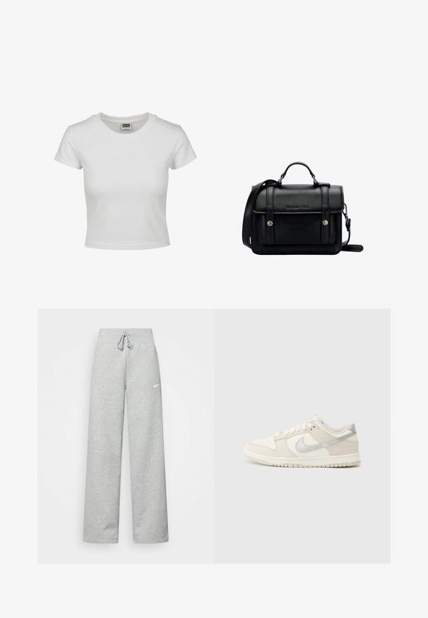 Valkoinen puuvillapaita, jossa on klassinen pyöreä kaula-aukko, lyhyet hihat ja kiinteä malli. Ei näkyviä kuvioita tai yksityiskohtia.; Harmaat verkkarit, joissa on elastinen vyötärö, nauhaverhoilu ja pieni valkoinen Nike-logo vasemmassa reidessä. Pehmeä kangas, löysä istuvuus.; Valkoiset matalapohjaiset lenkkarit nahasta ja microsuede-materiaalista, joissa on hopeinen Swoosh-logo, rei'itetty varvasosa ja teksturoitu kumipohja.; Musta nahkainen olkalaukku, jossa on rakenteellinen muotoilu, ylhäältä kantohihna, säädettävä olkahihna, etulevy ja metallikoristeet. Edessä brändäys.