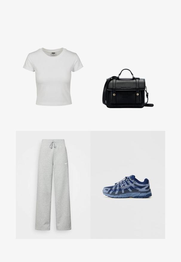 Bjela pamučna majica s klasičnim okruglim izrezom, kratkim rukavima i prilagođenim oblikom. Nema vidljivih uzoraka ili akcenta.; Sive trenirke s elastičnim pojasom, detaljem za vezanje, i malim bijelim Nike logom na lijevom bedru. Mekana tkanina, širokog kroja.; Plave i sive atletske cipele s mrežastim gornjim dijelom, gumeni potplat i složeni dizajn s reflektirajućim naglasima. Ime modela: P-6000.; Crna kožna torba preko tijela sa strukturiranim dizajnom, gornjom ručkom, podesivim remenom, prednjim poklopcem i metalnim detaljima. Sadrži brendiranje sprijeda.