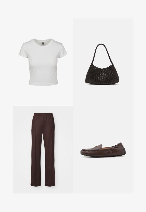 Bílý bavlněný tričko s klasickým kulatým výstřihem, krátkými rukávy a přiléhavým střihem. Žádné vzory ani akcenty nejsou viditelné.; Hnědé sportovní kalhoty s elastickým pasem, dvěma postranními kapsami a malým logem na levé straně, vyrobené z měkké tkaniny.; COACH RONNIE LOAFER - Mokasíny - maple; DRAGON DIFFUSION ROSANNA - Kabelka - dark brown
