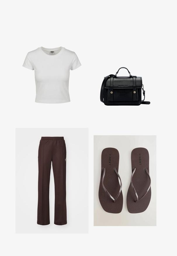 Biała bawełniana koszulka z klasycznym okrągłym dekoltem, krótkimi rękawami i dopasowanym krojem. Brak widocznych wzorów lub akcentów.; Brązowe spodnie sportowe z elastycznym pasem, dwoma bocznymi kieszeniami i małym logo po lewej stronie, wykonane z miękkiego materiału.; Next - Japonki kąpielowe; Czarna skórzana torebka na ramię o wyraźnej strukturze, z górnym uchwytem, regulowanym paskiem, przednią klapą i metalowymi akcentami. Posiada logo na przodzie.