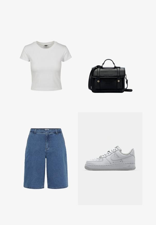 Valkoinen puuvillapaita, jossa on klassinen pyöreä kaula-aukko, lyhyet hihat ja kiinteä malli. Ei näkyviä kuvioita tai yksityiskohtia.; Denim-shortsit, joissa on sininen pesu, klassinen leikkaus, viisi taskua ja kontrastiväriset ompeleet saumoissa. Keskikorkea vyötärö ja suora lahje.; Valkoinen nahkakenkä matalalla designilla, pyöreällä varvalla, rei'itettyjen yksityiskohtien kanssa ja teksturoidulla kumipohjalla. Varressa harmaita yksityiskohtia.; Musta nahkainen olkalaukku, jossa on rakenteellinen muotoilu, ylhäältä kantohihna, säädettävä olkahihna, etulevy ja metallikoristeet. Edessä brändäys.