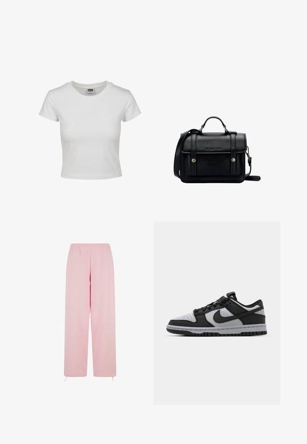 Witte katoenen t-shirt met een klassieke ronde hals, korte mouwen en een getailleerde vorm. Geen patronen of accenten zichtbaar.; Lichtroze sweatpants van zacht materiaal, met een elastische tailleband, een rechte broekspijpenontwerp en verstelbare koorden aan de onderkant.; Zwarte en grijze Nike Dunk lage sneakers met geperforeerde neus, gladde leren accenten en rubberen zool met een gestructureerd profiel.; Zwarte leren schoudertas met een gestructureerd ontwerp, handvat bovenaan, verstelbare schouderband, voorklep en metalen accenten. Voorzien van branding aan de voorkant.