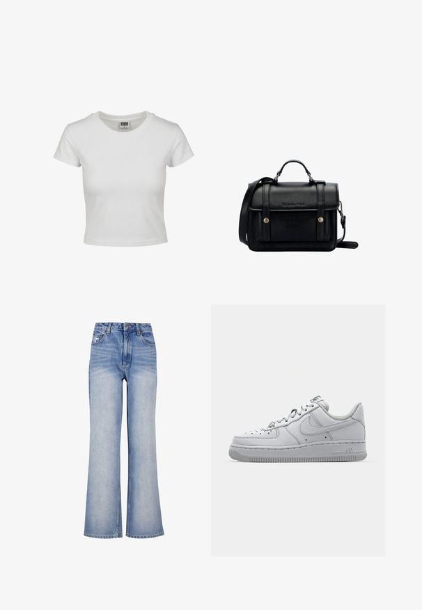 Bílý bavlněný tričko s klasickým kulatým výstřihem, krátkými rukávy a přiléhavým střihem. Žádné vzory ani akcenty nejsou viditelné.; Světle modré rifle s volnými nohavicemi mají vysoký pas, zapínání na knoflíky, mírné vyblednutí a klasický design s pěti kapsami.; Bílé kožené tenisky s nízkým designem, kulatou špičkou, perforovanými detaily a texturovanou gumovou podrážkou. Obsahují šedé akcenty na jazyku.; Černá kožená kabelka přes rameno se strukturovaným designem, vrchní rukojetí, nastavitelným popruhem, přední klopou a kovovými akcenty. Na přední straně obsahuje logo.