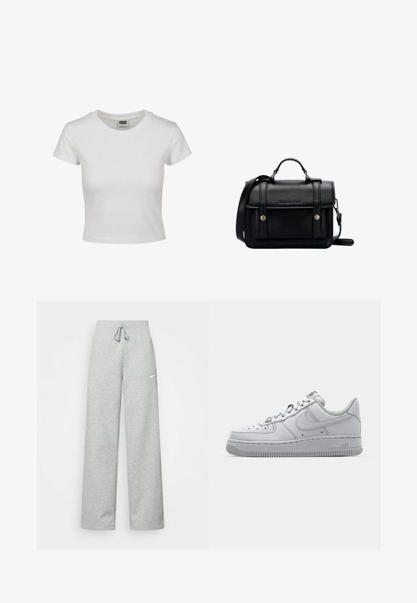Bjela pamučna majica s klasičnim okruglim izrezom, kratkim rukavima i prilagođenim oblikom. Nema vidljivih uzoraka ili akcenta.; Sive trenirke s elastičnim pojasom, detaljem za vezanje, i malim bijelim Nike logom na lijevom bedru. Mekana tkanina, širokog kroja.; Bijele kožne tenisice s niskim dizajnom, okruglim vrhom, perforiranim detaljima i teksturiranim gumenim potplatom. Imaju sive akcentne detalje na jeziku.; Crna kožna torba preko tijela sa strukturiranim dizajnom, gornjom ručkom, podesivim remenom, prednjim poklopcem i metalnim detaljima. Sadrži brendiranje sprijeda.