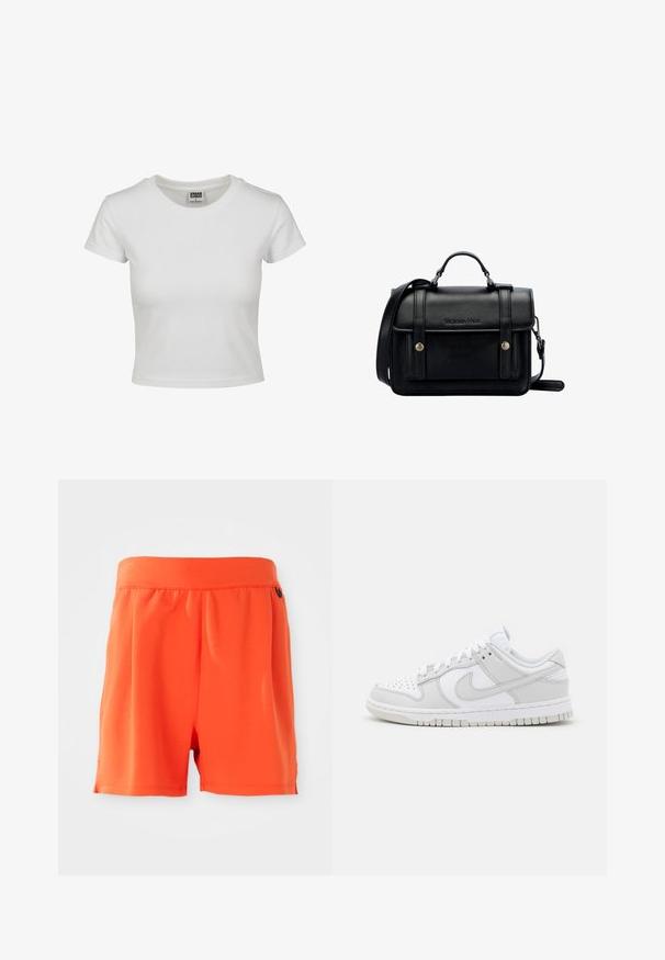Bílý bavlněný tričko s klasickým kulatým výstřihem, krátkými rukávy a přiléhavým střihem. Žádné vzory ani akcenty nejsou viditelné.; Světle oranžové kraťasy s elastickým pasem, s hladkou texturou a rovný střih. Žádné kapsy ani další detaily nejsou viditelné.; Bílé kožené tenisky s šedými detaily, perforovaná špička, ploché tkaničky, polstrovaný límec a texturovaná gumová podrážka.; Černá kožená kabelka přes rameno se strukturovaným designem, vrchní rukojetí, nastavitelným popruhem, přední klopou a kovovými akcenty. Na přední straně obsahuje logo.