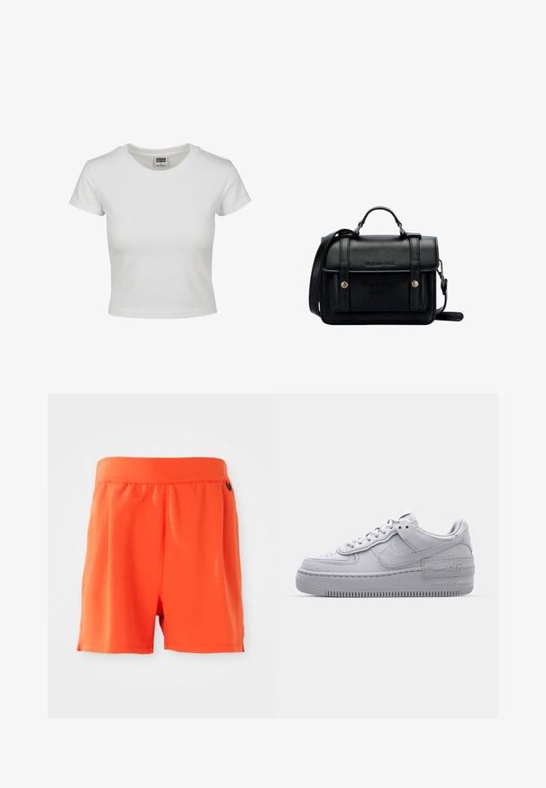 Bjela pamučna majica s klasičnim okruglim izrezom, kratkim rukavima i prilagođenim oblikom. Nema vidljivih uzoraka ili akcenta.; Žive narančaste kratke hlače s elastičnom trakicom u struku, s glatkom teksturom i ravnim krojem. Nema vidljivih džepova ili dodatnih detalja.; Sivi Nike Air Force 1 tenisica s perforiranim prstima, glatkim kožnim gornjištem, debelim potplatom i urezanim 'AIR' detaljem na peti.; Crna kožna torba preko tijela sa strukturiranim dizajnom, gornjom ručkom, podesivim remenom, prednjim poklopcem i metalnim detaljima. Sadrži brendiranje sprijeda.