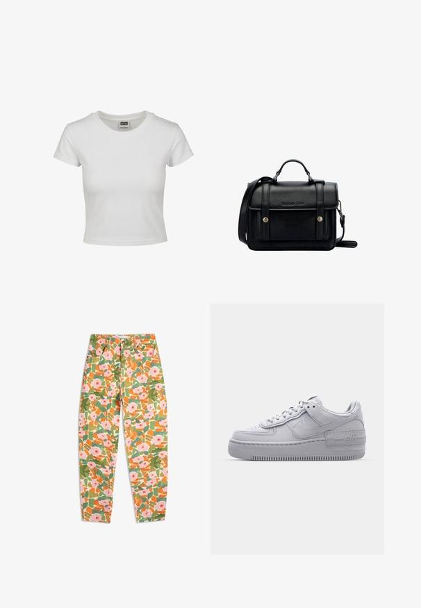 Bjela pamučna majica s klasičnim okruglim izrezom, kratkim rukavima i prilagođenim oblikom. Nema vidljivih uzoraka ili akcenta.; Hlače od tkanine s cvjetnim uzorkom, s ružičastim cvjetovima, zelenim lišćem i narančastim naglascima. Srednji struk, ravne nogavice, izrađene od pamučnog materijala.; Sivi Nike Air Force 1 tenisica s perforiranim prstima, glatkim kožnim gornjištem, debelim potplatom i urezanim 'AIR' detaljem na peti.; Crna kožna torba preko tijela sa strukturiranim dizajnom, gornjom ručkom, podesivim remenom, prednjim poklopcem i metalnim detaljima. Sadrži brendiranje sprijeda.