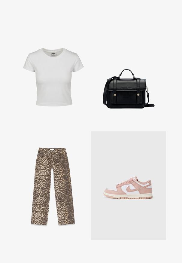 Camiseta de algodón blanca con cuello redondo clásico, mangas cortas y forma ajustada. Sin patrones ni acentos visibles.; Jeans de denim con estampado de leopardo que presentan una paleta de colores neutros en beige y marrón, diseño de pierna recta y detalles tradicionales de bolsillos.; La zapatilla cuenta con una parte superior de gamuza rosa suave, paneles de cuero blanco y una suela de goma texturizada. Destaca el logo de swoosh en los laterales y un diseño con cordones.; Bolso de hombro de cuero negro con un diseño estructurado, asa superior, correa ajustable, tapa frontal y acentos metálicos. Presenta la marca en la parte delantera.