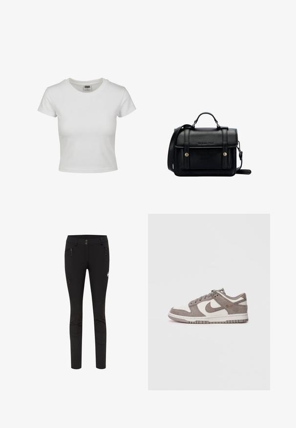 Weißes Baumwoll-T-Shirt mit klassischem Rundhalsausschnitt, kurzen Ärmeln und slim-fit Schnitt. Keine Muster oder Akzente sichtbar.; Schwarze Stretchhosen mit einer figurschmeichelnden Passform, ausgestattet mit zwei Reißverschlusstaschen an den Seiten und einem Logo-Patch auf dem Oberschenkel. Glattes Material mit Nähten.; Nike Dunk Sneaker in grau und weißem Wildleder, mit perforierter Zehenpartie, Schnürsystem und goldfarbigem Akzent-Logo. Strukturiertes Zwischensohle und Gummilaufsohle.; Schwarze Leder-Crossbody-Tasche mit strukturiertem Design, oberem Griff, verstellbarem Tragegurt, Vorderklappe und Metallelementen. Mit Branding auf der Vorderseite.