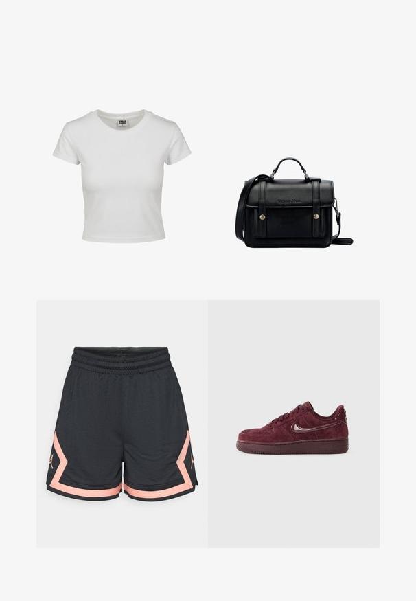 Camiseta de algodón blanca con cuello redondo clásico, mangas cortas y forma ajustada. Sin patrones ni acentos visibles.; Pantalones cortos deportivos negros con tejido texturizado, cinturilla elástica y acentos en rosa. Presenta un logotipo en el lateral en un rosa a juego.; Zapatilla de ante burdeos con un Swoosh brillante y suave, cierre de cordones, cuello acolchado y suela de goma texturizada. Incluye elementos de diseño clásicos.; Bolso de hombro de cuero negro con un diseño estructurado, asa superior, correa ajustable, tapa frontal y acentos metálicos. Presenta la marca en la parte delantera.