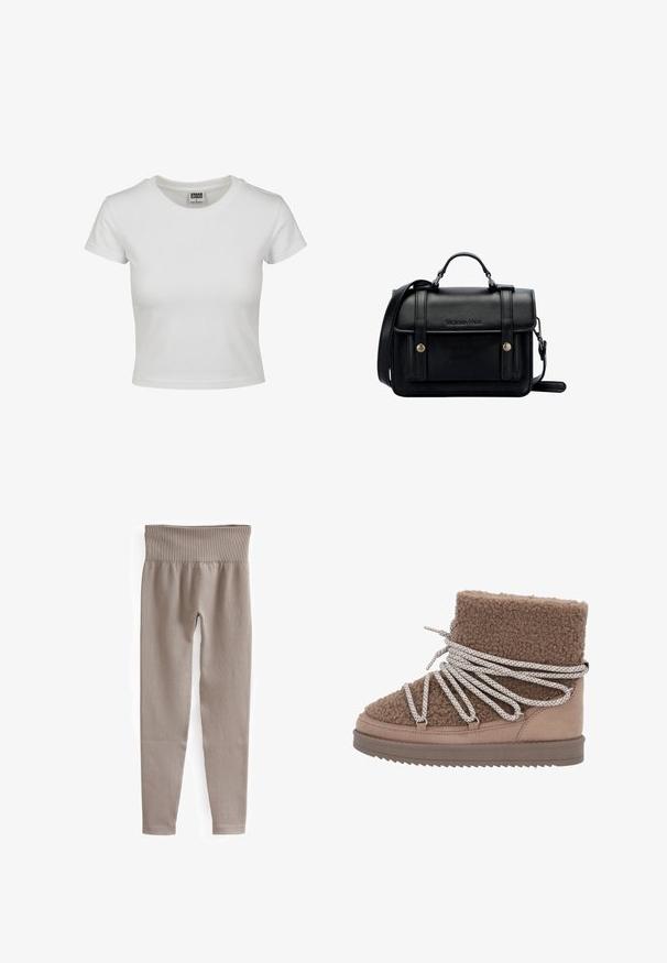 T-shirt bianca in cotone con collo rotondo classico, maniche corte e forma aderente. Nessun motivo o dettaglio visibile.; Leggings beige a costine con una vita ampia, gambe affusolate e una texture liscia, progettati per comfort e flessibilità.; Stivale alla caviglia in shearling marrone con una superficie testurizzata e un pannello in suede liscio a contrasto. Presenta lacci larghi e decorati e una suola piatta.; Borsa a tracolla in pelle nera con design strutturato, manico superiore, tracolla regolabile, patta anteriore e accessori in metallo. Presenta il marchio sulla parte frontale.