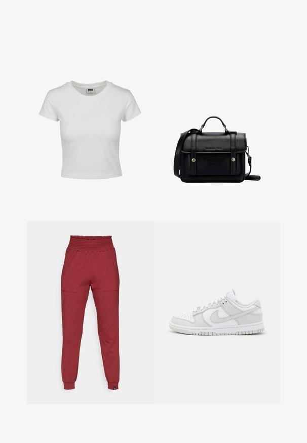 Biała bawełniana koszulka z klasycznym okrągłym dekoltem, krótkimi rękawami i dopasowanym krojem. Brak widocznych wzorów lub akcentów.; Czerwone dżinsy typu jogger z wysokim stanem, elastyczną talią i mankietami, z przednimi kieszeniami naszytymi oraz dopasowanym, zwężającym się krojem.; Białe skórzane trampki z szarymi akcentami, perforowanym noskiem, płaskimi sznurowadłami, wyściełanym kołnierzem i teksturowaną gumową podeszwą.; Czarna skórzana torebka na ramię o wyraźnej strukturze, z górnym uchwytem, regulowanym paskiem, przednią klapą i metalowymi akcentami. Posiada logo na przodzie.