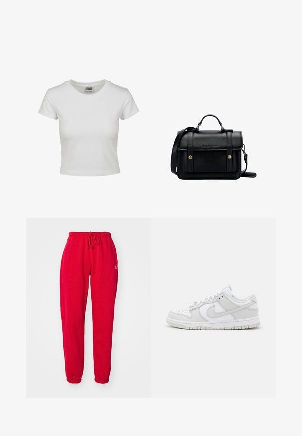 Weißes Baumwoll-T-Shirt mit klassischem Rundhalsausschnitt, kurzen Ärmeln und slim-fit Schnitt. Keine Muster oder Akzente sichtbar.; Rote Sweatpants mit einem elastischen Bund und Kordelzug. Mit umgeschlagenen Säumen und einem kleinen Logo-Detail am oberen linken Bein. Weiche Textur.; Weiße Leder-Sneaker mit grauen Akzenten, perforierter Zehenpartie, flachen Schnürsenkeln, gepolstertem Kragen und einer strukturierten Gummi-Sohle.; Schwarze Leder-Crossbody-Tasche mit strukturiertem Design, oberem Griff, verstellbarem Tragegurt, Vorderklappe und Metallelementen. Mit Branding auf der Vorderseite.
