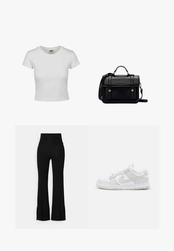 T-shirt en coton blanc avec un col rond classique, des manches courtes et une coupe ajustée. Aucun motif ni accent visible.; Pantalon flare noir en tissu extensible, présentant une taille haute et une texture lisse. L'ourlet s'évasent doucement à partir du genou.; Baskets en cuir blanc avec des accents gris, bout perforé, lacets plats, col rembourré et semelle en caoutchouc texturée.; Sacoche en cuir noir avec un design structuré, une poignée supérieure, une sangle réglable, un rabat avant et des accents en métal. Présente un logo à l'avant.
