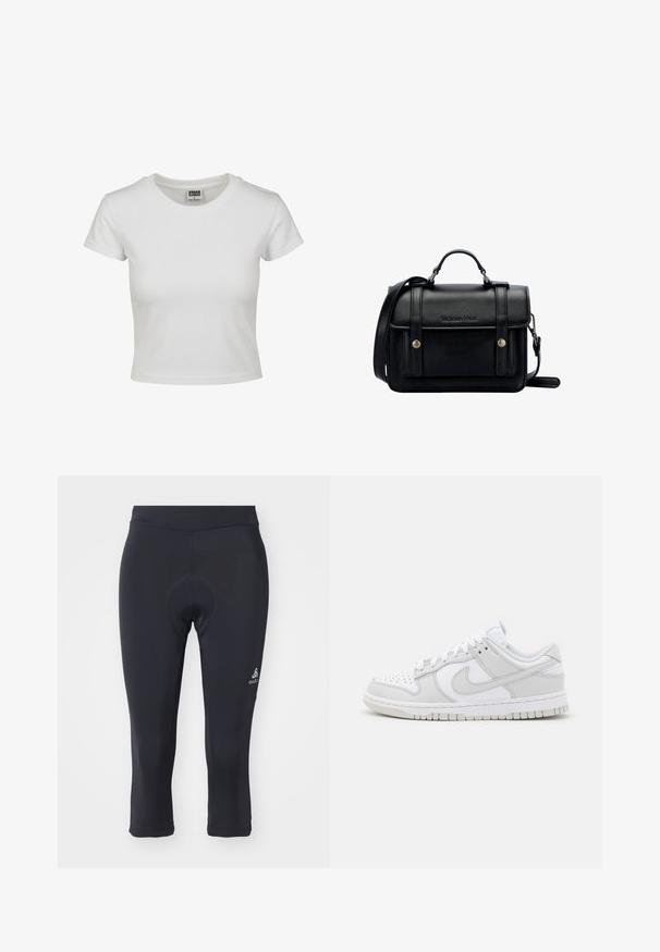 T-shirt bianca in cotone con collo rotondo classico, maniche corte e forma aderente. Nessun motivo o dettaglio visibile.; Tights neri da ciclismo a tre quarti realizzati in materiale liscio e elasticizzato. Presentano un inserto imbottito e un logo piccolo sulla parte inferiore della gamba.; Sneaker bianchi in pelle con accenti grigi, punta perforata, lacci piatti, collo imbottito e suola in gomma testurizzata.; Borsa a tracolla in pelle nera con design strutturato, manico superiore, tracolla regolabile, patta anteriore e accessori in metallo. Presenta il marchio sulla parte frontale.